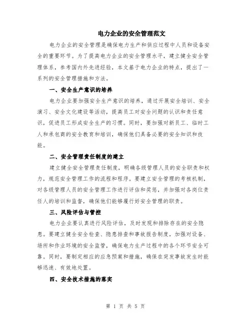 电力企业的安全管理范文（二篇）