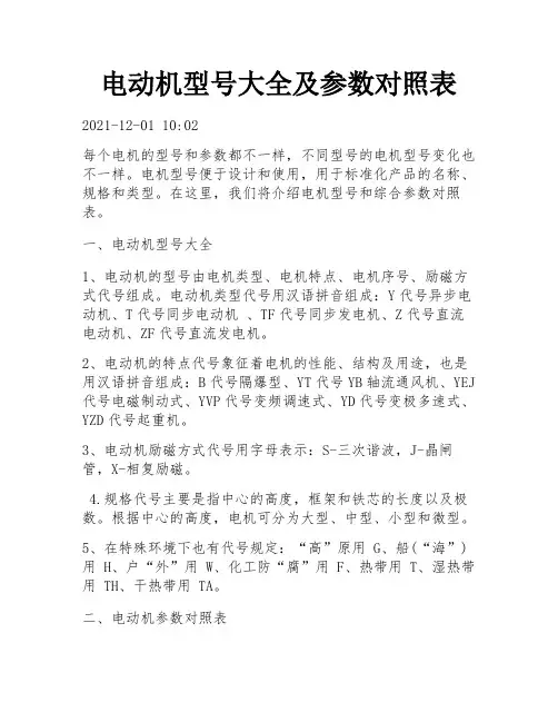 电动机型号大全及参数对照表