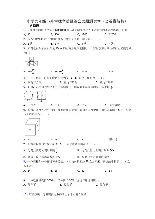 小学六年级小升初数学质量综合试题测试卷(含答案解析)