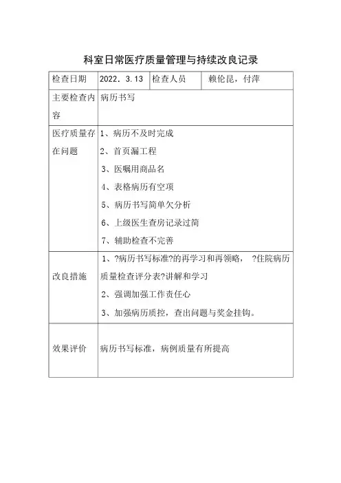 科室日常医疗质量管理与持续改进记录