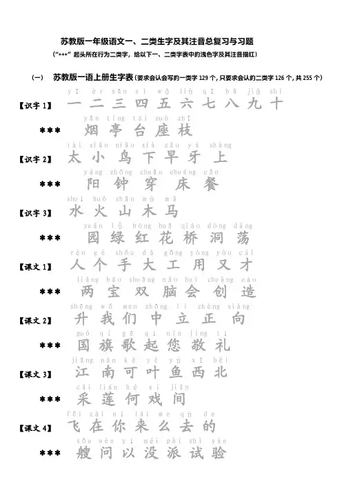 苏教版一年级语文一、二类生字及其注音总复习与习题