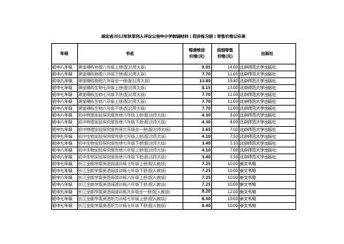 湖北省2012年秋季列入评议公告中小学教辅材料(同步练习册)零售价格公示表