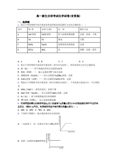 高一新生分班考试化学试卷(含答案)