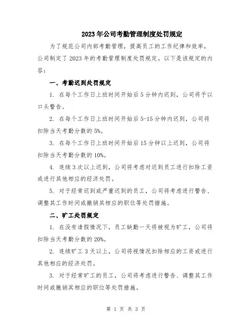 2023年公司考勤管理制度处罚规定