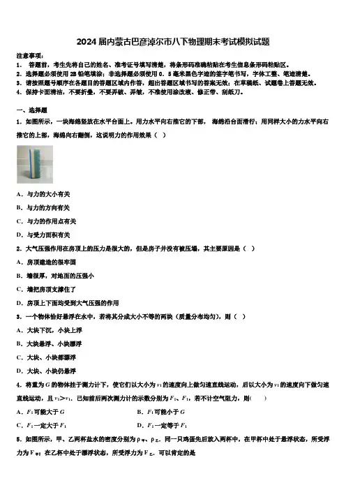 2024届内蒙古巴彦淖尔市八下物理期末考试模拟试题及答案解析