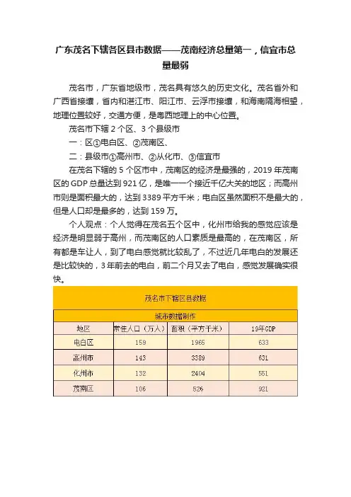 广东茂名下辖各区县市数据——茂南经济总量第一，信宜市总量最弱