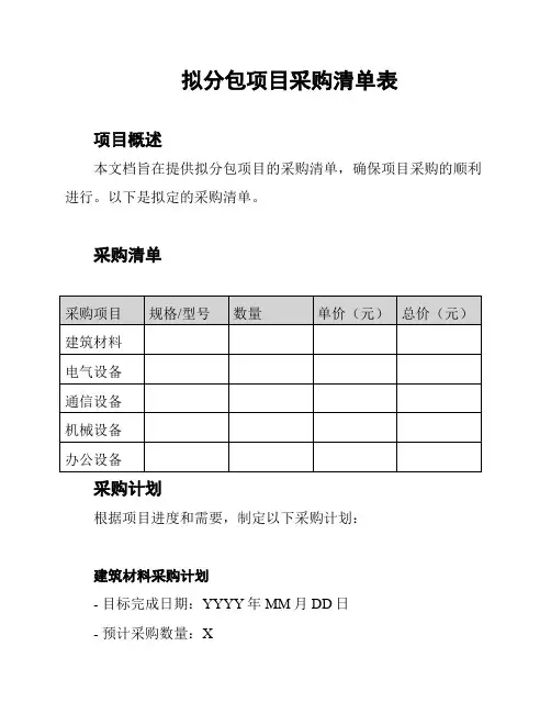 拟分包项目采购清单表