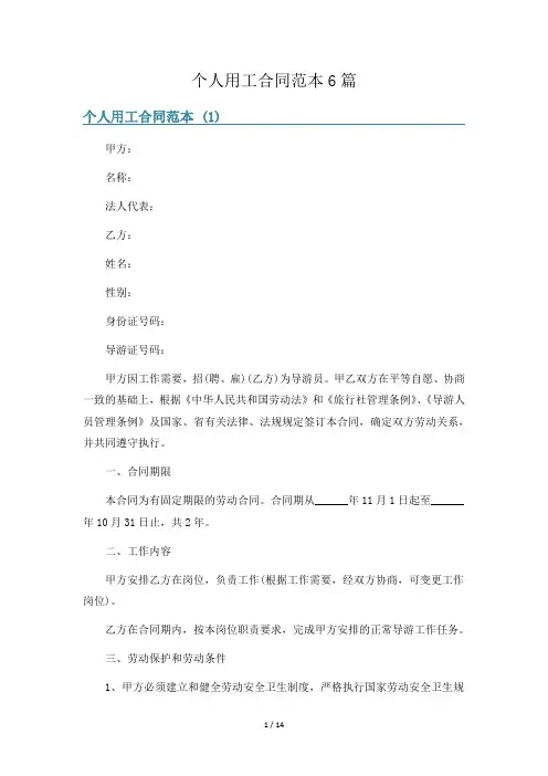 个人用工合同范本6篇