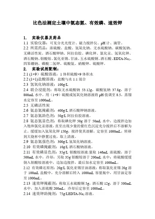 比色法测定土壤中氨态氮有效磷速效钾