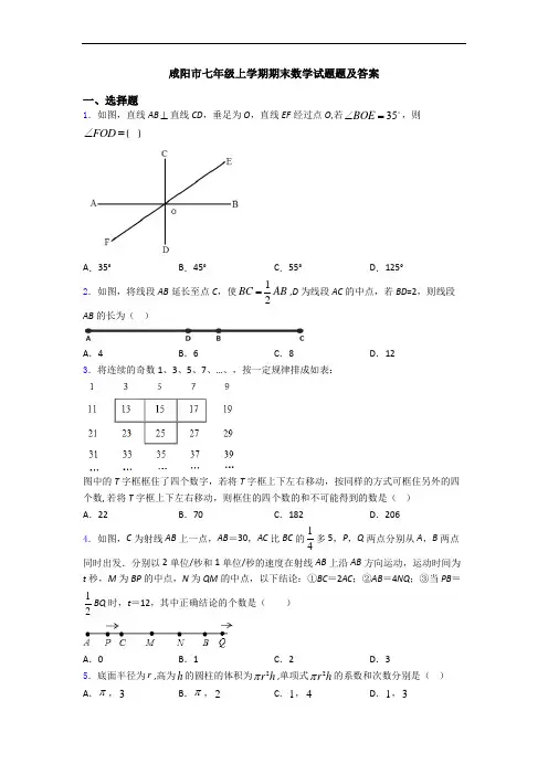 咸阳市七年级上学期期末数学试题题及答案