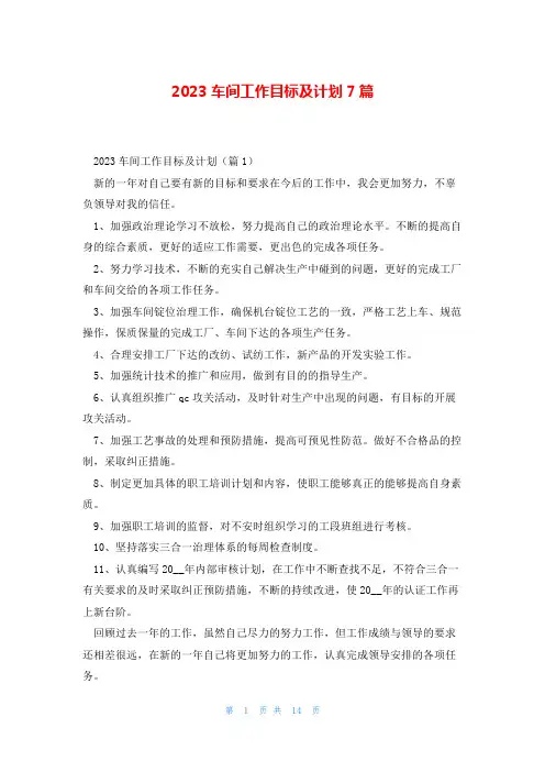 2023车间工作目标及计划7篇