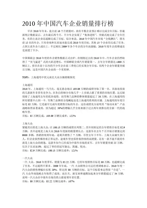 2010年中国汽车企业销量排行榜