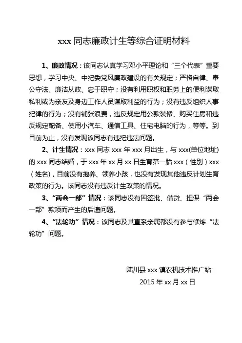 廉政计生综合证明材料(空表)