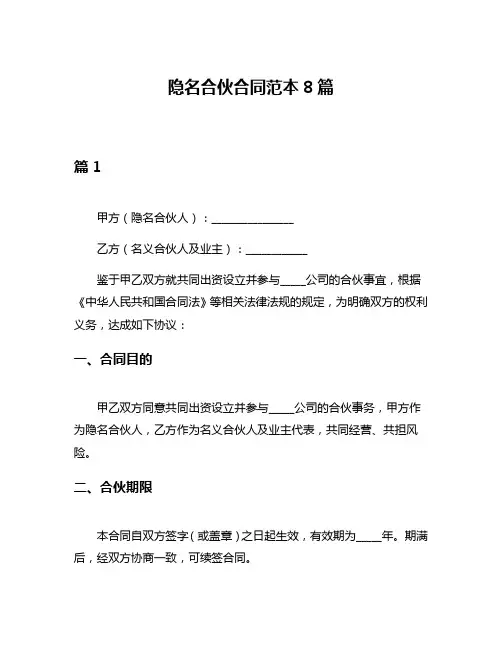 隐名合伙合同范本8篇