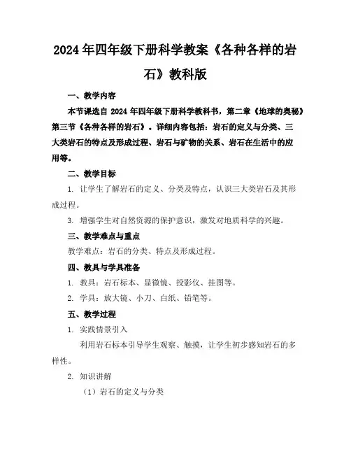 2024年四年级下册科学教案《各种各样的岩石》教科版