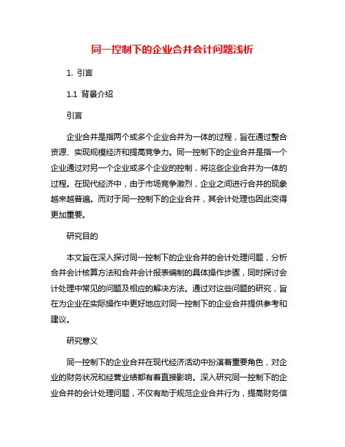同一控制下的企业合并会计问题浅析