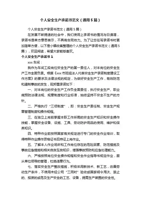 个人安全生产承诺书范文（通用5篇）