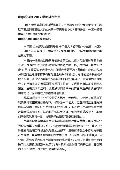 中甲积分榜2017最新排名名单