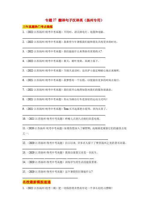 【中考英语 冲刺专训】专题27 翻译句子汉译英(扬州专用)-中考英语二轮复习(江苏专用)