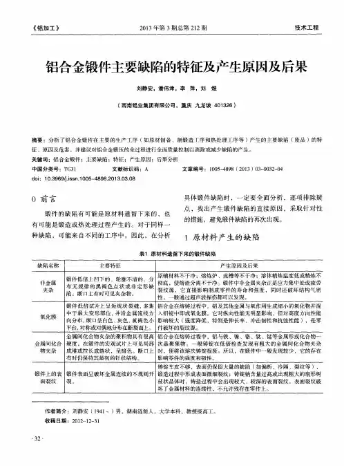 铝合金锻件主要缺陷的特征及产生原因及后果