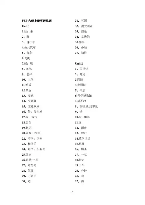 PEP小学六年级上册英语单词听写表