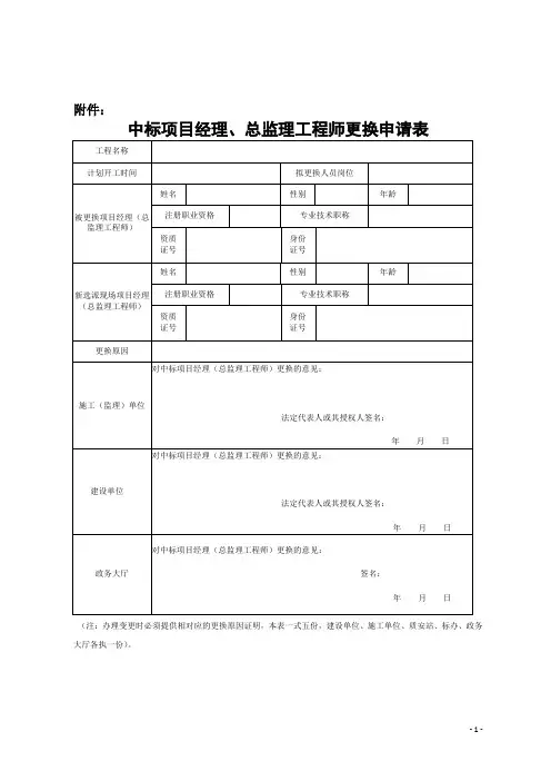 中标项目经理(总监)变更申请表