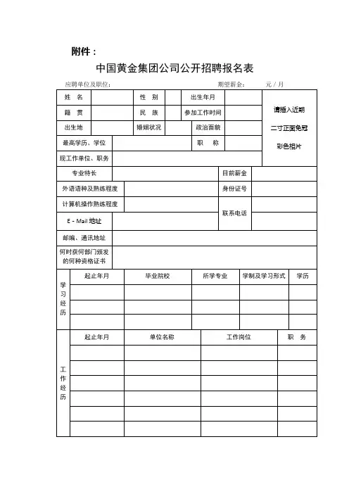 中国黄金集团公司公开招聘报名表