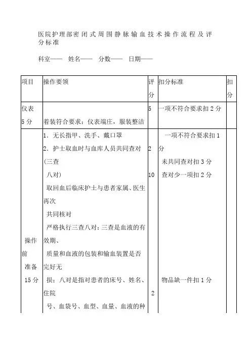 医院护理部密闭式周围静脉输血技术操作流程及评分标准