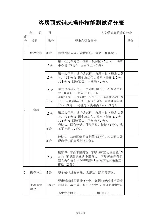客房西式铺床操作技能测试评分表