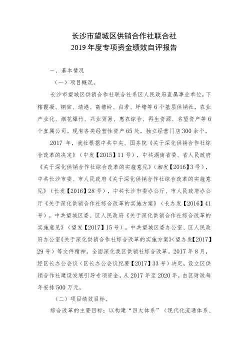 长沙市望城区供销合作社联合社2019年度专项资金绩效自评报告