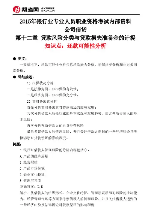 第十二章 贷款风险分类与贷款损失准备金的计提-还款可能性分析