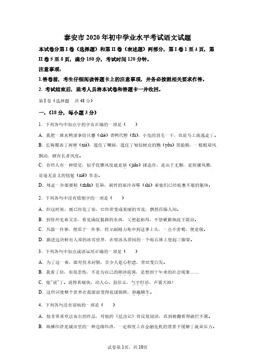 山东泰安2020年中考语文试卷试题精校打印版(含答案详解)