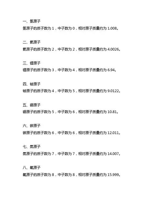 几种原子的质子数、中子数和相对原子质量