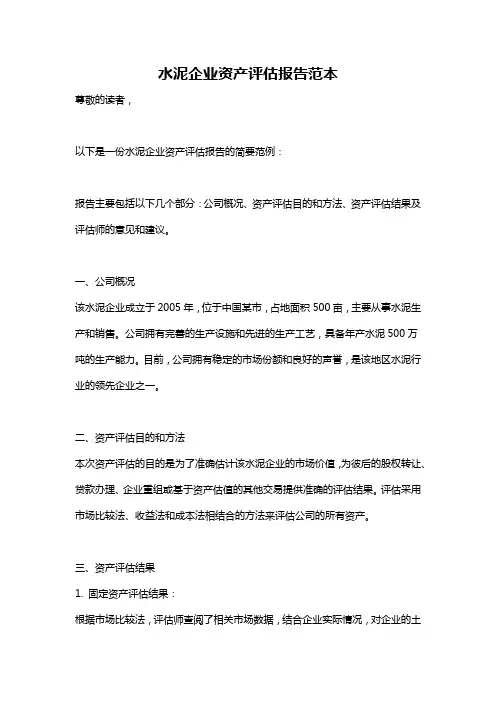 水泥企业资产评估报告范本