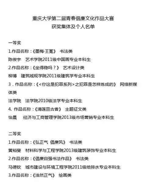 重庆大学第二届青春倡廉文化作品大赛