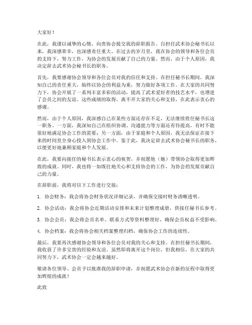 武术协会秘书长辞职报告