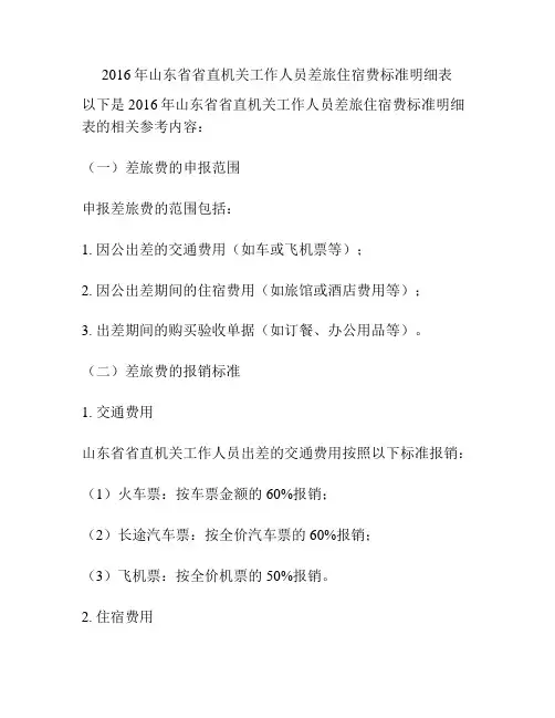 2016年山东省省直机关工作人员差旅住宿费标准明细表