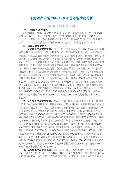 东方水产市场2016年9月份市场情况分析