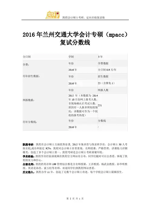 2016年兰州交通大学会计专硕(mpacc)复试分数线