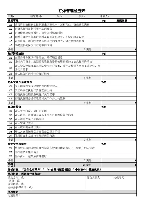 餐厅打烊管理检查表范例