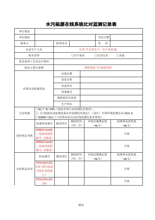 水污染源在线系统比对监测记录表