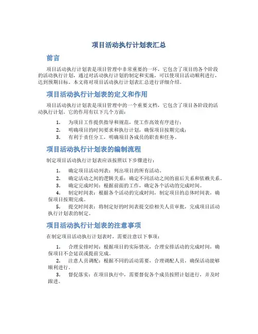 项目活动执行计划表汇总