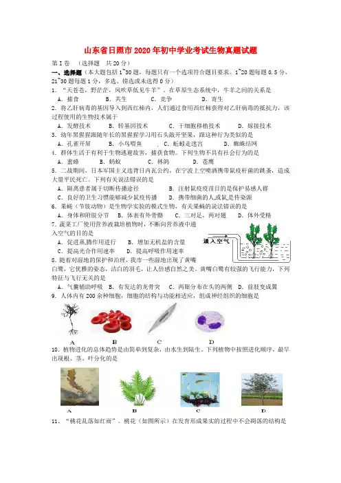 山东省日照市2020年中考生物真题试题(含答案)