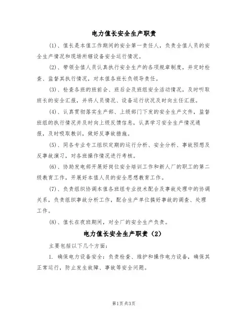 电力值长安全生产职责（3篇）