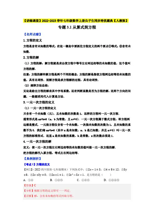 部编数学七年级上册专题3.1从算式到方程2023年7上册同步培优(解析版)【人教版】含答案