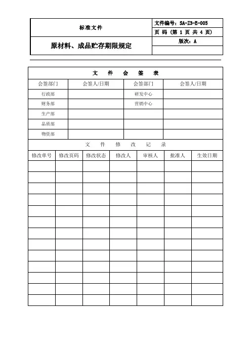 原材料、成品贮存期限规定