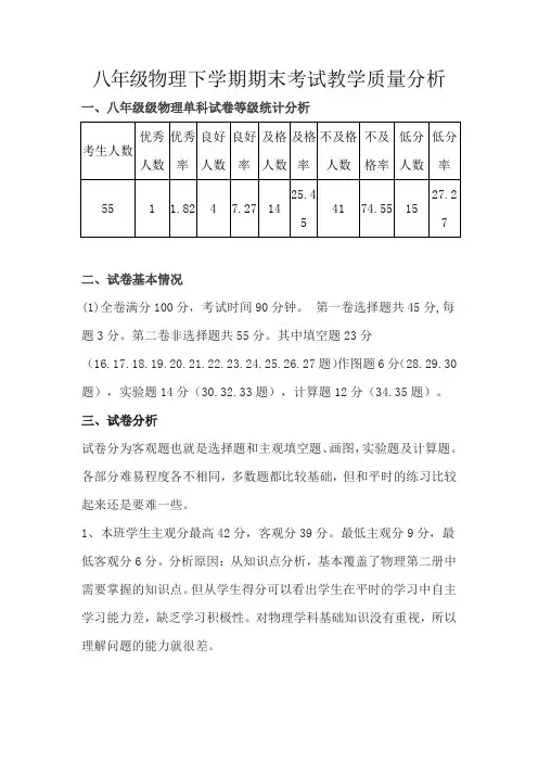 八年级物理下学期期末考试教学质量分析