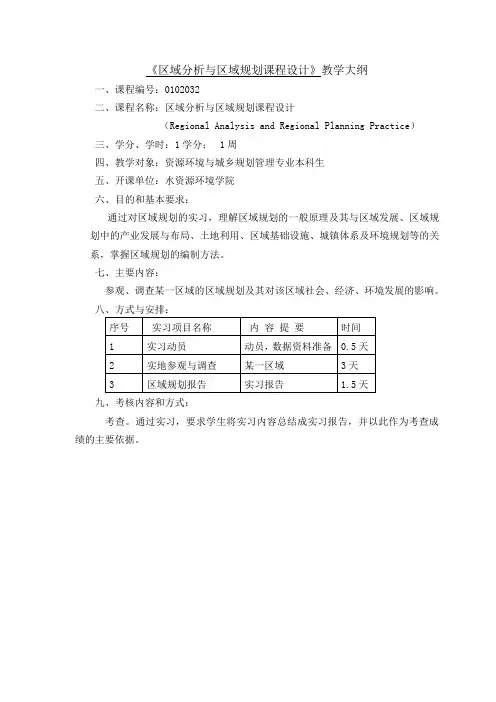 区域分析与区域规划课程设计教学大纲