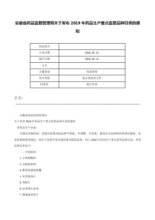 安徽省药品监督管理局关于发布2019年药品生产重点监管品种目录的通知-
