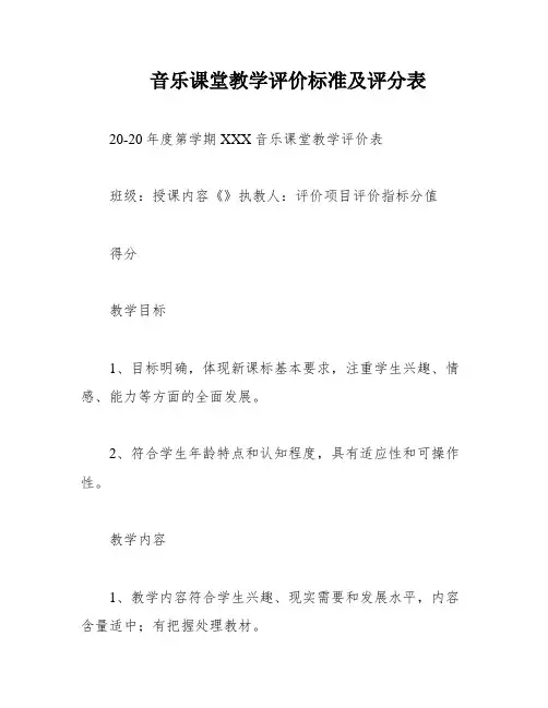 音乐课堂教学评价标准及评分表